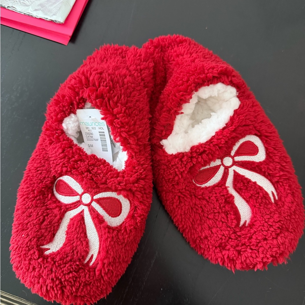 Maurices Red Fuzzy Slippers with Bow Accent
